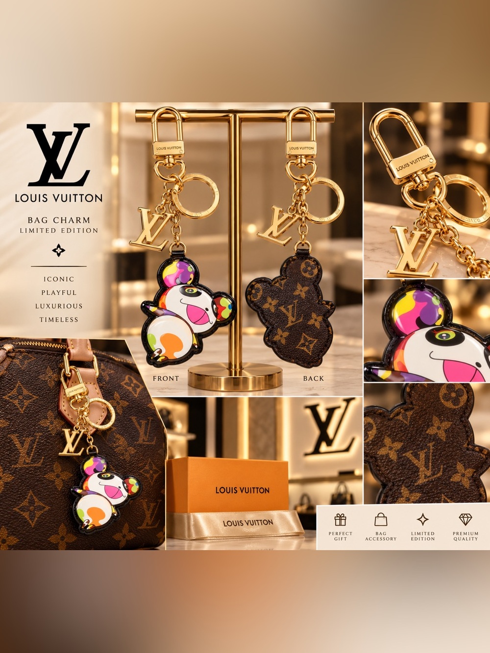 Multicolor Panda Keychain Charm - Gold Hardware